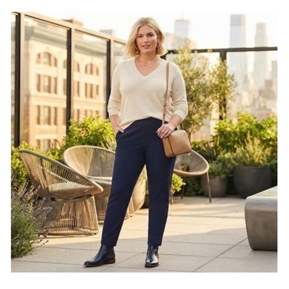 Eileen Fisher Ankle Pants Womens 1X Navy Blue Stretch Jersey Pull On Tapered